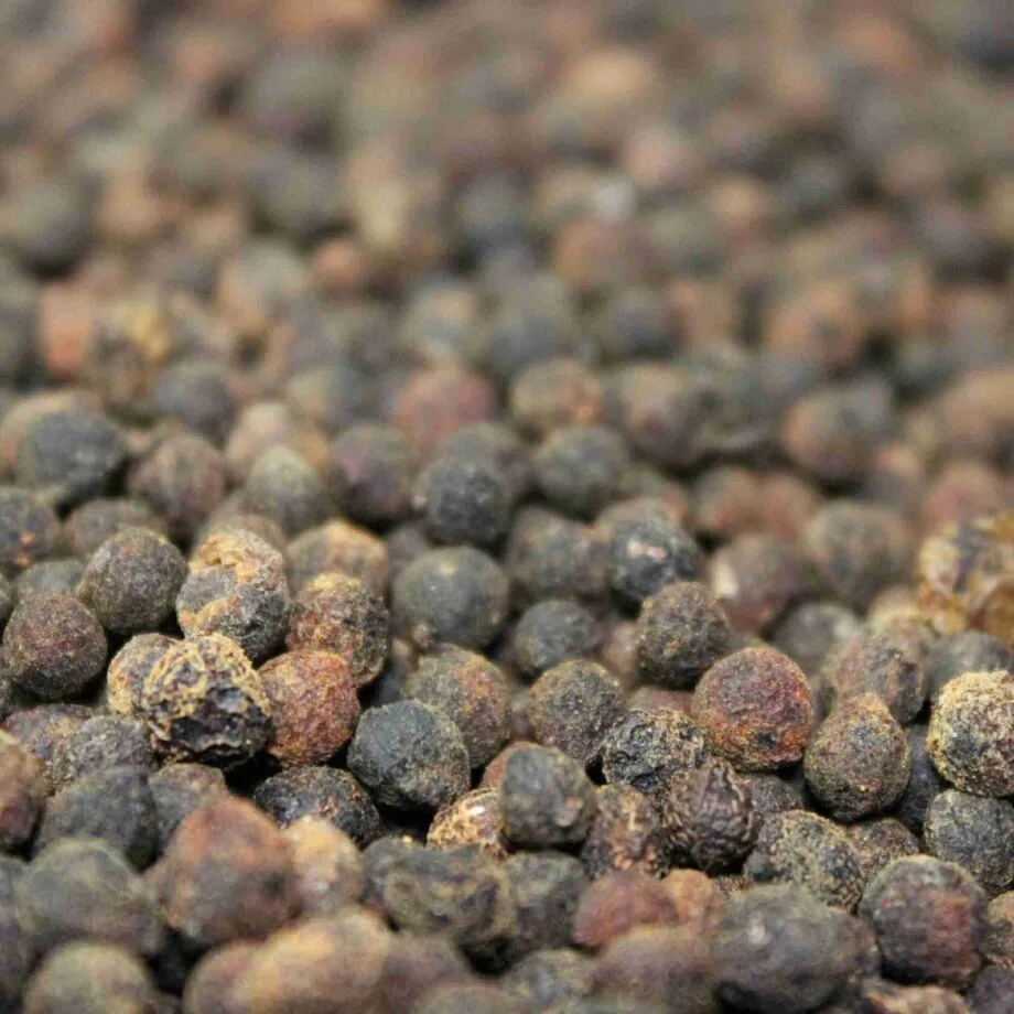 Grains de poivre noir entiers, utilisés pour rehausser le goût des plats dans la cuisine du monde entier.