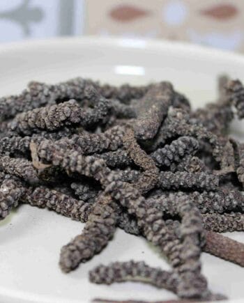 Poivre long séché en gros plan dans un bol blanc, épice aromatique pour cuisine et recettes savoureuses.