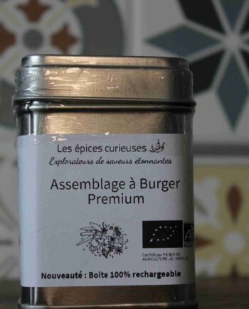 Boîte d'épices biologiques Assemblage à Burger Premium par Les épices curieuses, rechargeables et innovantes.