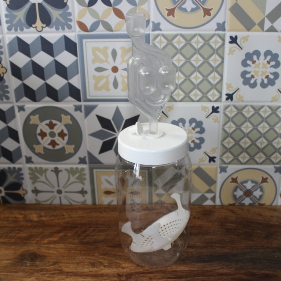 Bocal de fermentation avec barboteur et poisson en céramique posé sur un fond de carreaux colorés