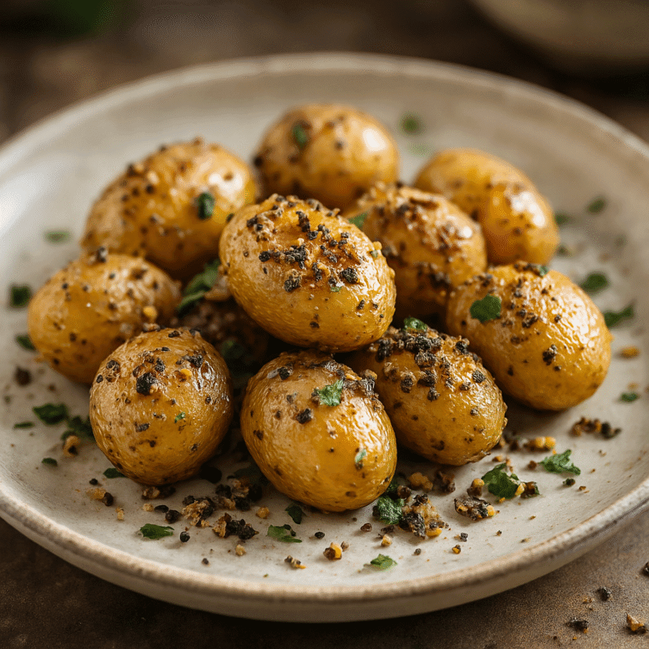 Pommes de terre rôties assaisonnées dherbes et dépices servies dans une assiette rustique
