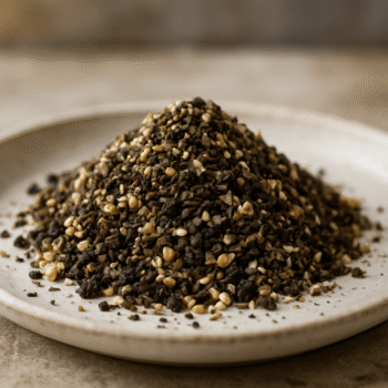 Assaisonnement japonais sur une assiette blanche, mélange de graines et d'épices variées pour rehausser les saveurs.