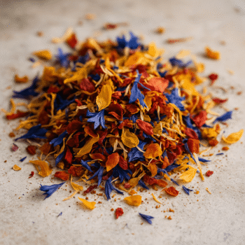 Mélange coloré de pétales de fleurs séchées sur fond clair, idéal pour infusions et décorations culinaires.