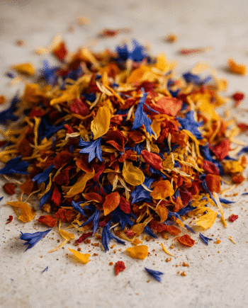 Mélange coloré de pétales de fleurs séchées sur fond clair idéal pour infusions et décorations culinaires