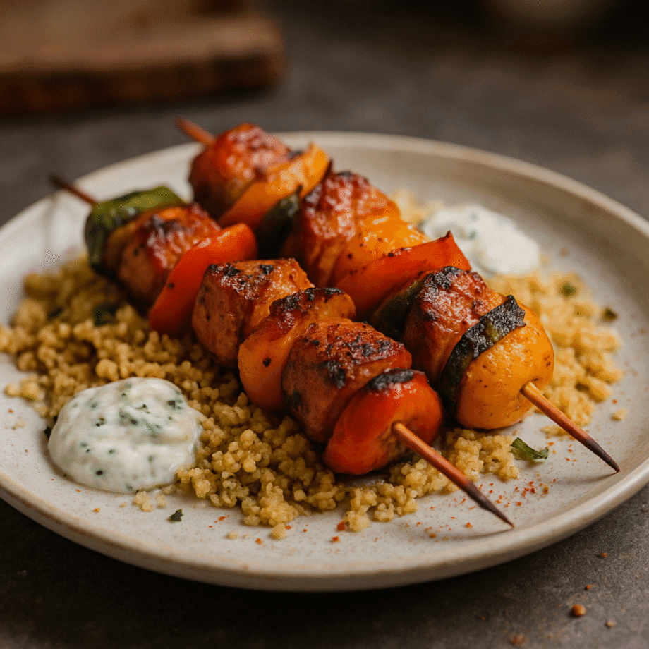Brochettes de légumes grillés sur boulgour accompagnées dune sauce crémeuse servies dans une assiette beige