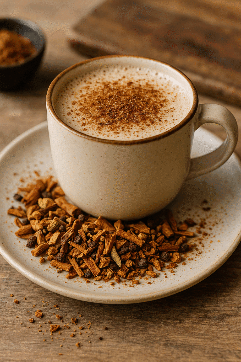 Tasse de chai latte crémeux saupoudré de cannelle entouré dépices sur une soucoupe en céramique rustique