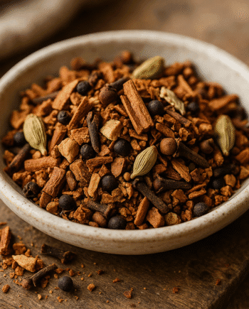 Mélange d'épices dans un bol en céramique sur une table en bois, prêt pour des recettes parfumées et savoureuses.