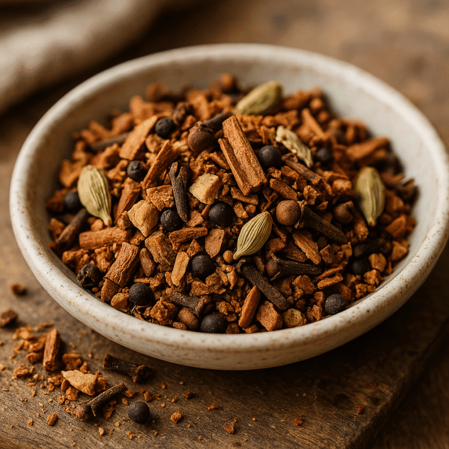 Mélange dépices dans un bol en céramique sur une table en bois prêt pour des recettes parfumées et savoureuses