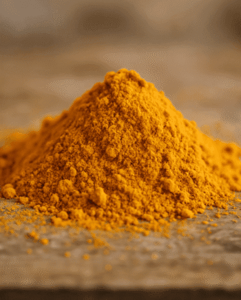 Poudre de curcuma épicée en gros plan sur une table en bois idéale pour la cuisine et les bienfaits pour la santé