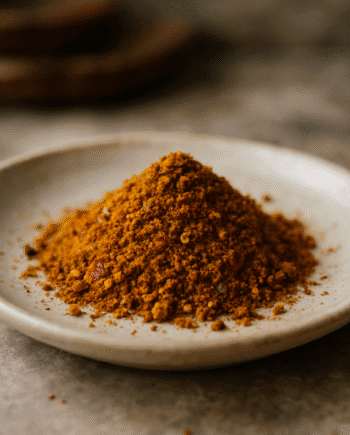 Monticule d'épices colorées sur une assiette blanche, prêt à rehausser vos plats de saveurs exotiques.