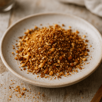 Assiette de dukkah maison, mélange épicé de noix et graines, idéal pour agrémenter vos plats.