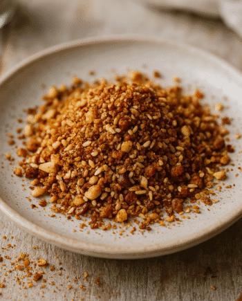 Assiette de dukkah maison, mélange épicé de noix et graines, idéal pour agrémenter vos plats.