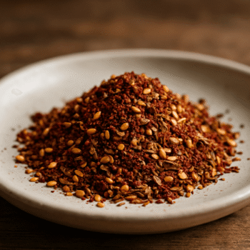 Assortiment d'épices variées sur une assiette en céramique, idéal pour rehausser vos plats de saveurs exotiques.