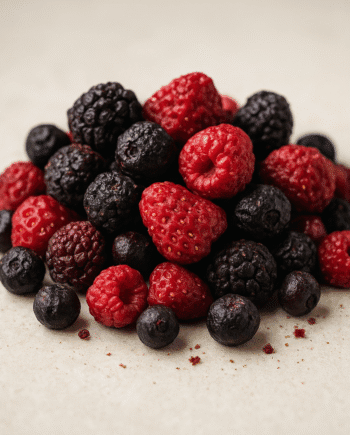Assortiment de baies fraîches  framboises mûres et myrtilles sur fond neutre
