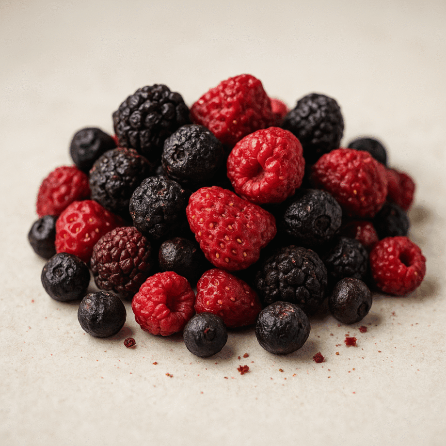 Assortiment de baies fraîches  framboises mûres et myrtilles sur fond neutre