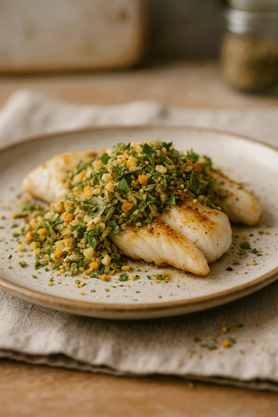Plat de poisson blanc garni dherbes et dépices sur une assiette en céramique