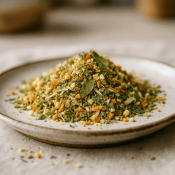 Assortiment de légumes et herbes séchés sur une assiette, idéal pour rehausser les plats divers.