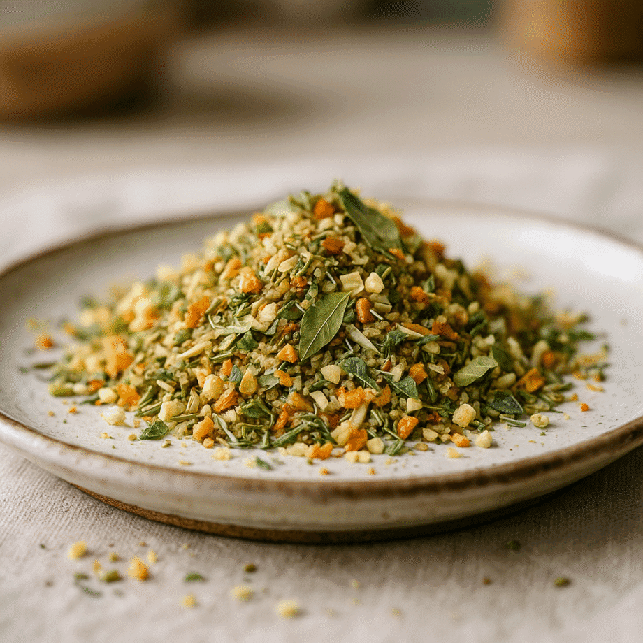 Assortiment de légumes et herbes séchés sur une assiette idéal pour rehausser les plats divers