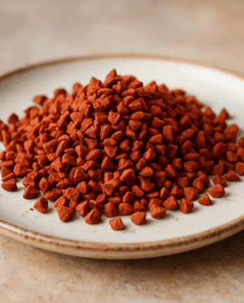 Pile de graines dachiote rouges sur une assiette blanche utilisée comme colorant naturel ou épice