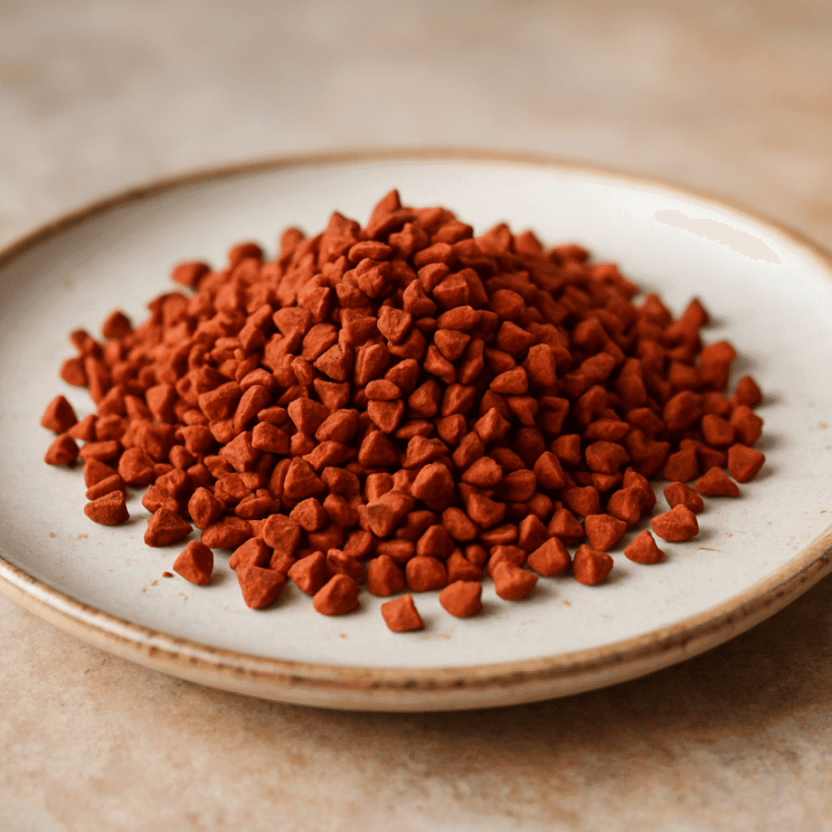 Pile de graines dachiote rouges sur une assiette blanche utilisée comme colorant naturel ou épice