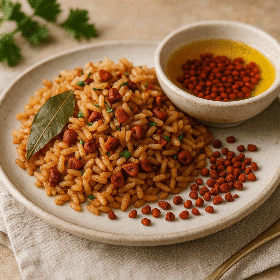 Riz épicé avec annatto sur assiette blanche accompagné de beurre infusé et feuille de laurier
