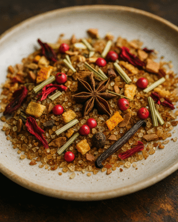 Assortiment d'épices et de fruits secs dans un plat, idéal pour infusion ou pot-pourri, ambiance chaleureuse et exotique.