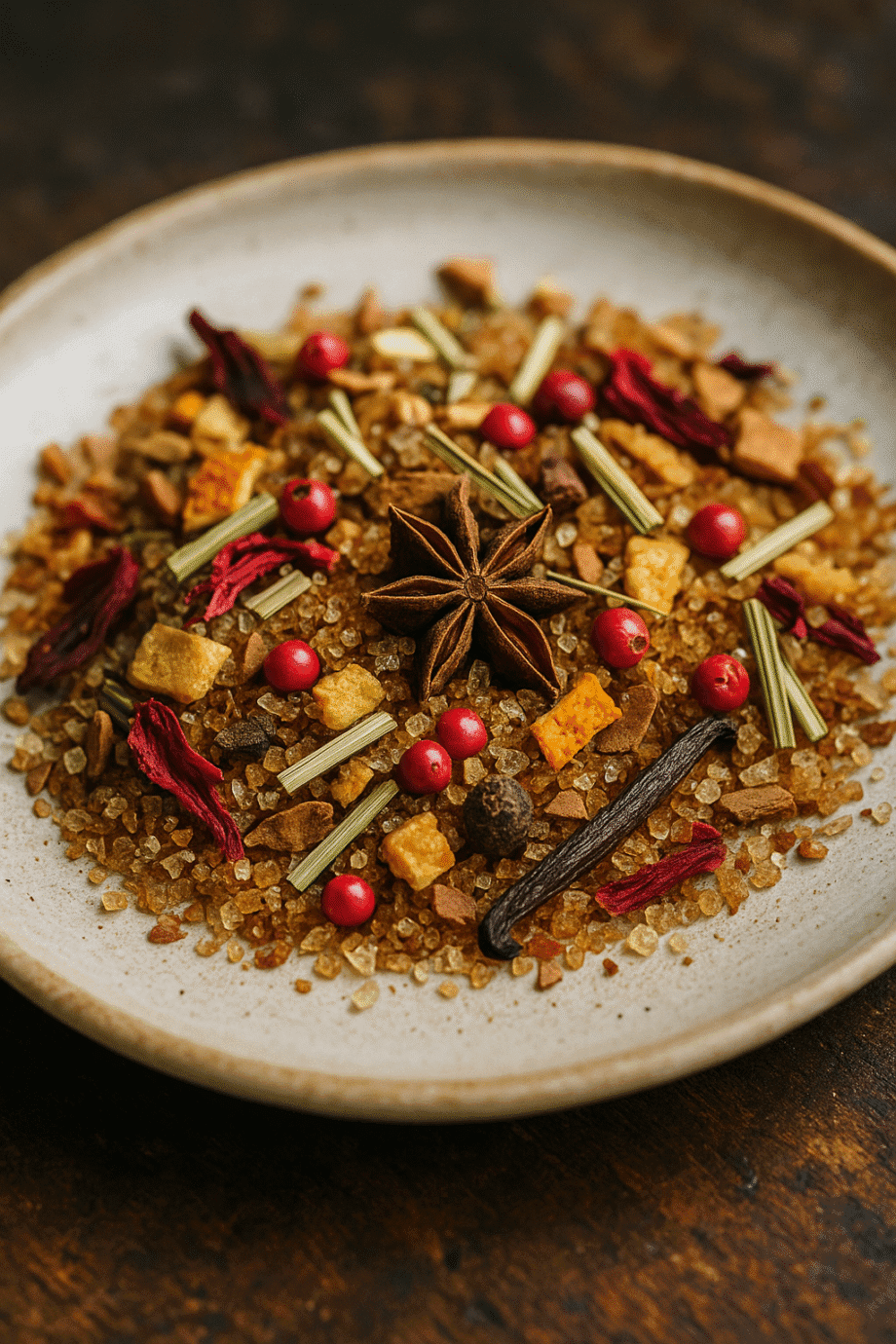 Assortiment d'épices et de fruits secs dans un plat, idéal pour infusion ou pot-pourri, ambiance chaleureuse et exotique.
