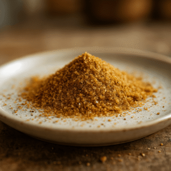 Tas de sucre brun sur une assiette en céramique, éclairage chaleureux, texture granuleuse.