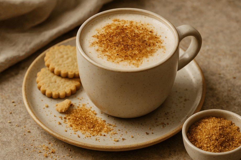 Tasse de cappuccino saupoudrée de cannelle avec biscuits sablés sur une assiette beige Ambiance cosy et gourmande
