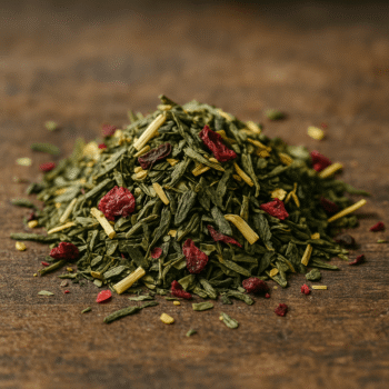 Mélange de thé vert avec baies rouges et herbes séchées sur une table en bois.