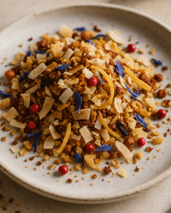 Assiette de crumble avec des copeaux de noix de coco baies rouges et fleurs bleues sur un plat en céramique