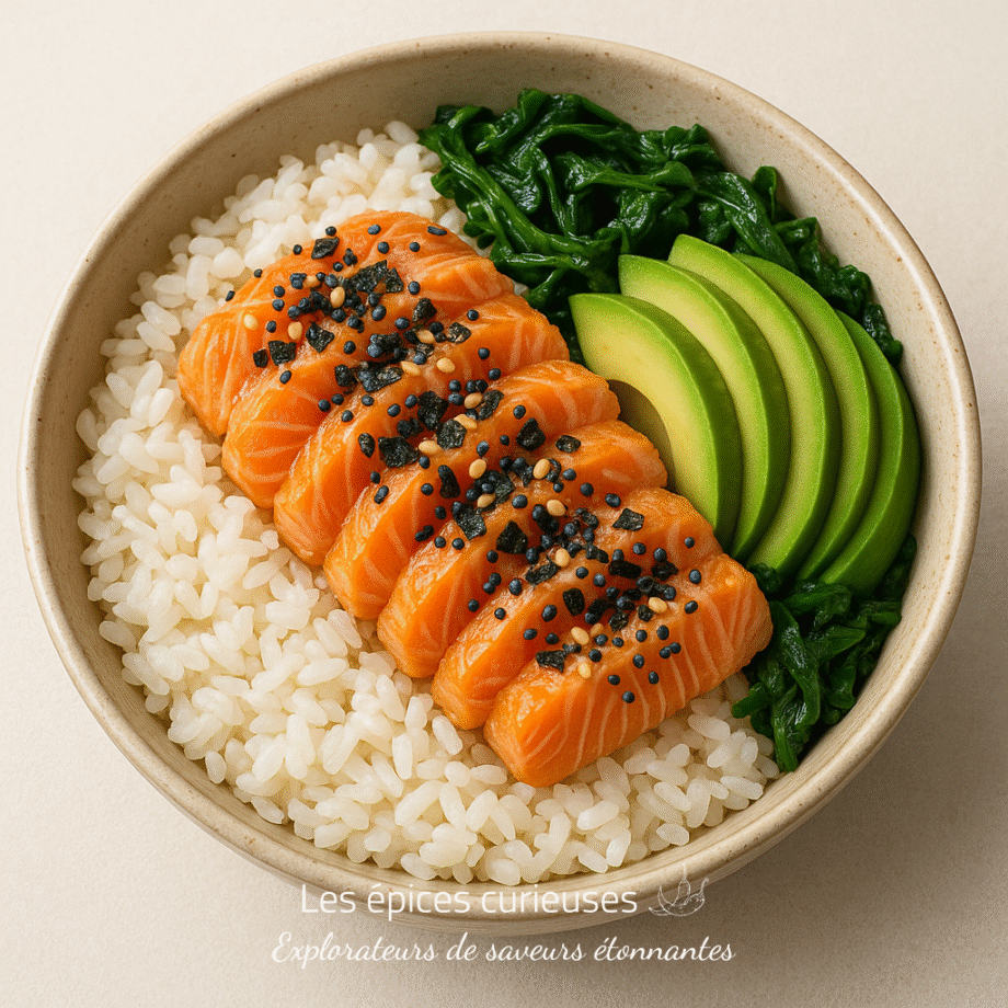 Bol poké au saumon avocat et riz garni dalgues et graines de sésame Repas frais et sain
