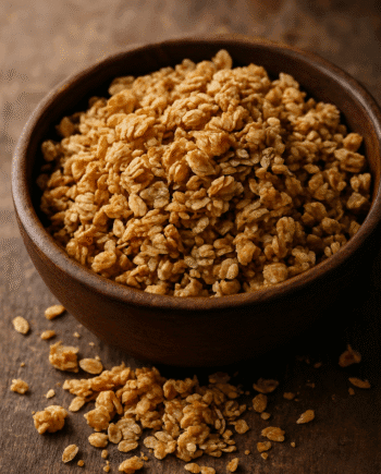 Bol en bois rempli de granola croustillant sur une table en bois rustique Idéal pour le petit déjeuner ou les collations