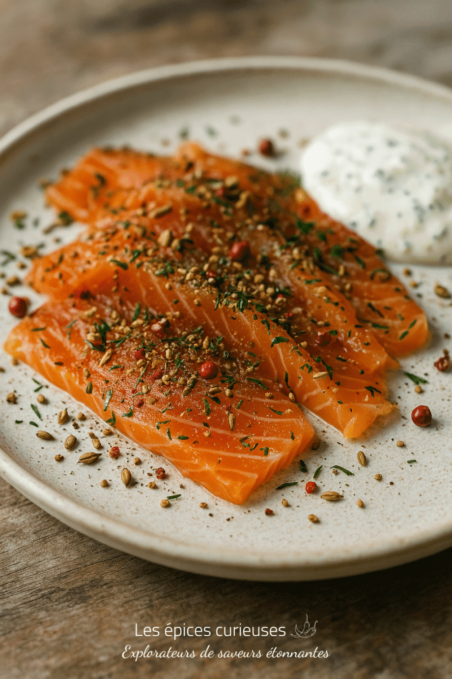Tranches de saumon mariné aux épices avec sauce crémeuse servies sur une assiette en céramique
