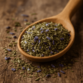 Cuillère en bois remplie de lavande séchée sur fond rustique en bois.