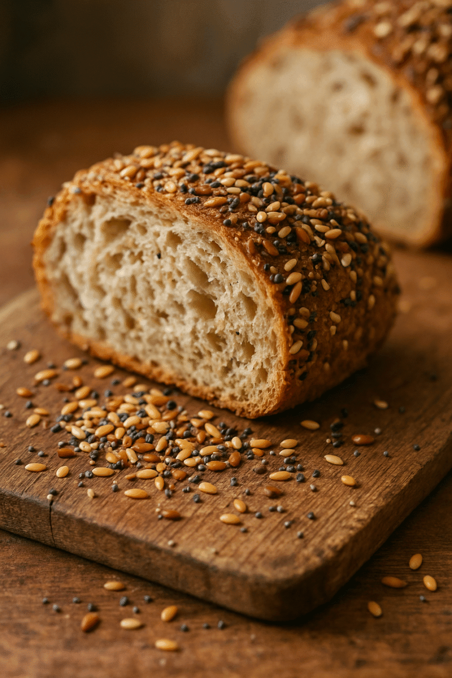 Pain de graines artisanales sur planche en bois, tranches et graines dispersées.