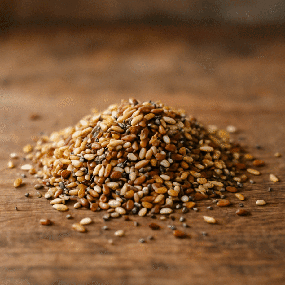 Mélange de graines variées sur une table en bois, idéal pour une alimentation saine et équilibrée.