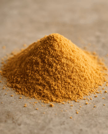 Tas de poudre jaune orange sur surface grise évoquant épices culinaires ingrédients biologiques ou poudres alimentaires