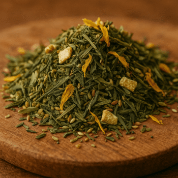 Mélange de thé vert avec zestes d'agrumes et fleurs séchées sur une planche en bois.