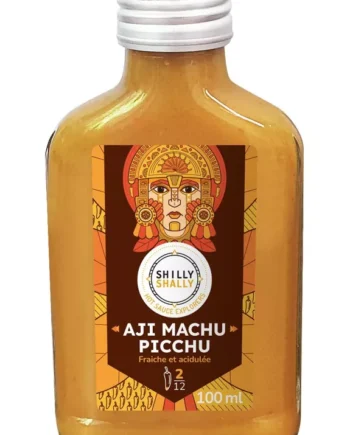 Bouteille de sauce piquante Aji Machu Picchu, fraîche et acidulée, de 100 ml avec étiquette colorée inspirée de l'art péruvien.