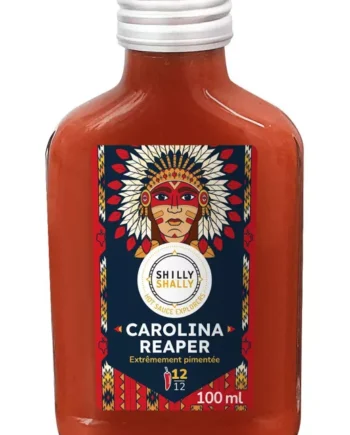 Sauce piquante Carolina Reaper, Shilly Shally, bouteille de 100 ml, intensité 12/12, design coloré.