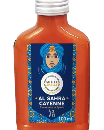 Bouteille de sauce piquante Al Sahra Cayenne, 100 ml, au design vibrant et saveurs épicées.