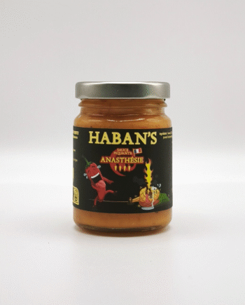 Pot de sauce piquante Habans Anasthésie étiquette noire avec un piment rouge et une flamme