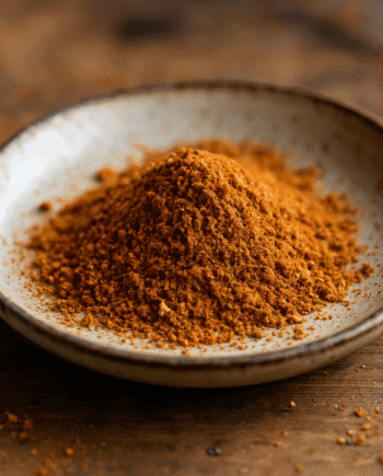 Poudre de cannelle dans un bol en céramique sur une table en bois, idéale pour la cuisine et les boissons chaudes.