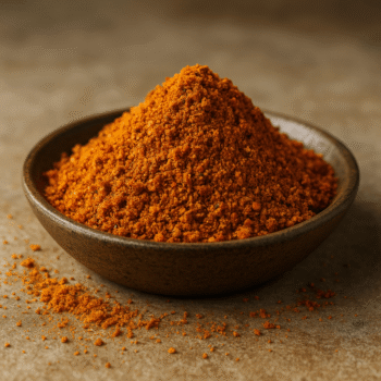 Bol de poudre de paprika sur une table en bois, prêt pour épicer vos plats avec saveur.