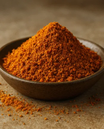 Bol de poudre de paprika sur une table en bois, prêt pour épicer vos plats avec saveur.