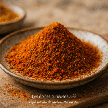 Assiette de poudre de curry épicée sur une table en bois, mettant en valeur la texture et les couleurs vives des épices.