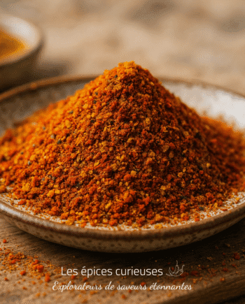 Assiette de poudre de curry épicée sur une table en bois, mettant en valeur la texture et les couleurs vives des épices.