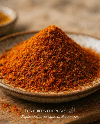 Assiette de poudre de curry épicée sur une table en bois, mettant en valeur la texture et les couleurs vives des épices.