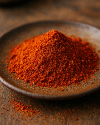 Poudre de paprika rouge épicé dans une assiette en céramique sur une table en bois.
